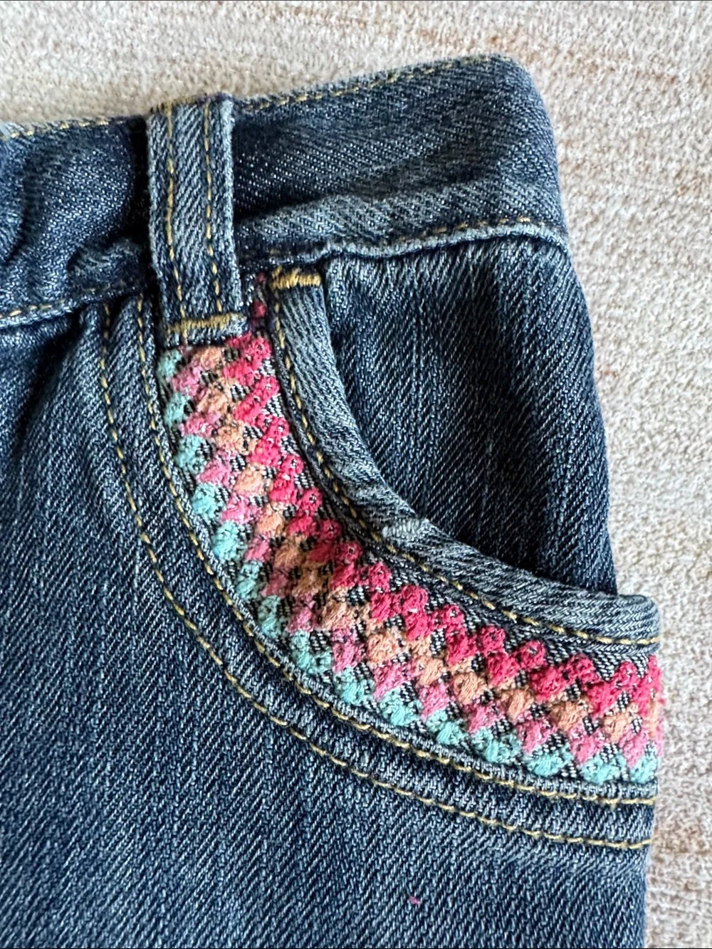Gymboree Long Denim Shorts with Pink & Teal Embroidery NWT size 6-12M